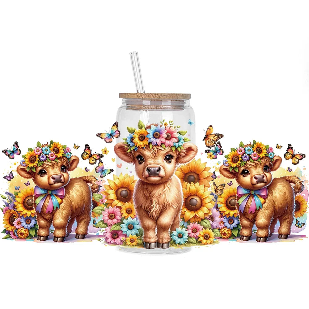 Highland Cattle Baby 16oz UV DTF Sticker Cup Personalize UV Wrap Label DIY Logo Self Adhesive Cow Design 3D Transfer Sticker