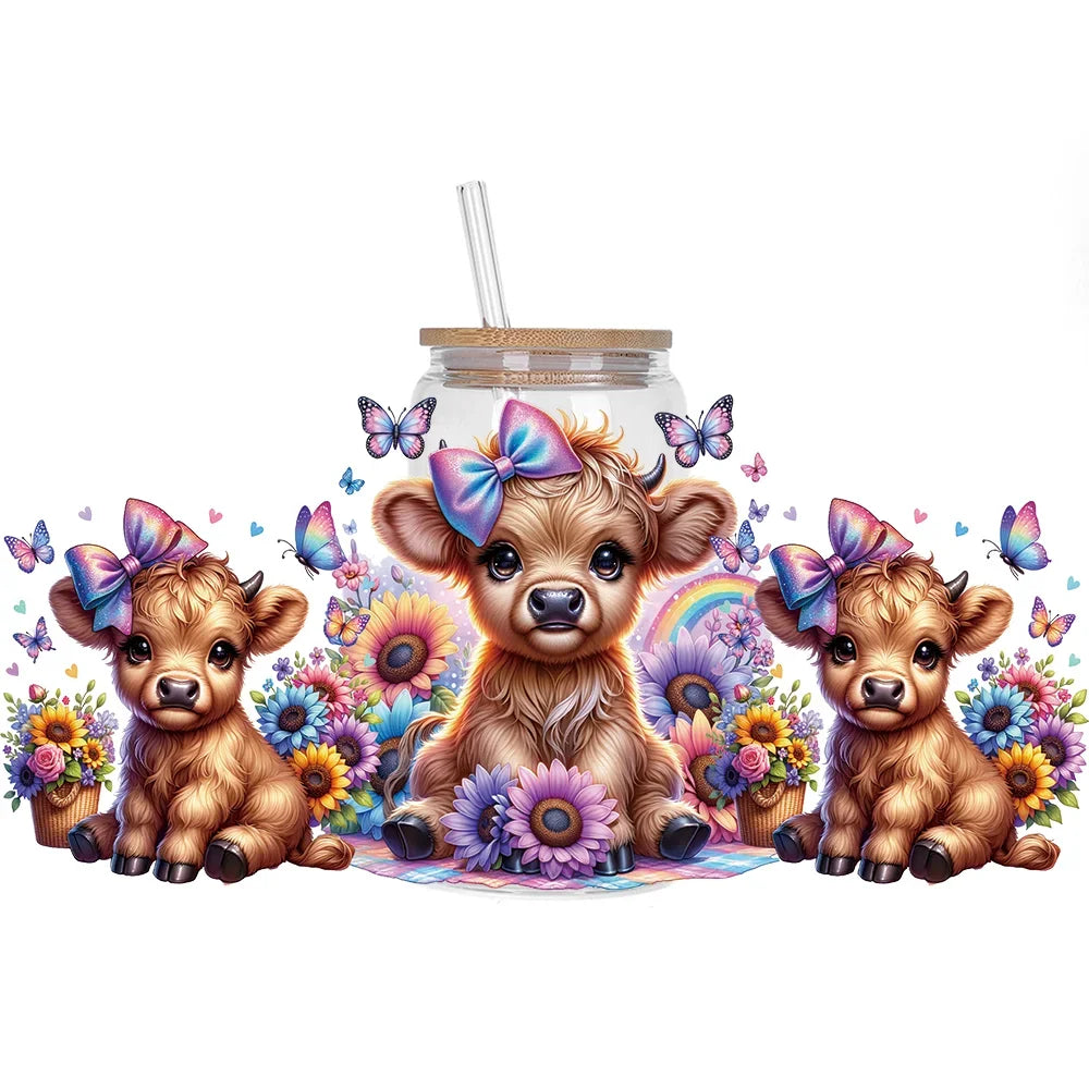Highland Cattle Baby 16oz UV DTF Sticker Cup Personalize UV Wrap Label DIY Logo Self Adhesive Cow Design 3D Transfer Sticker