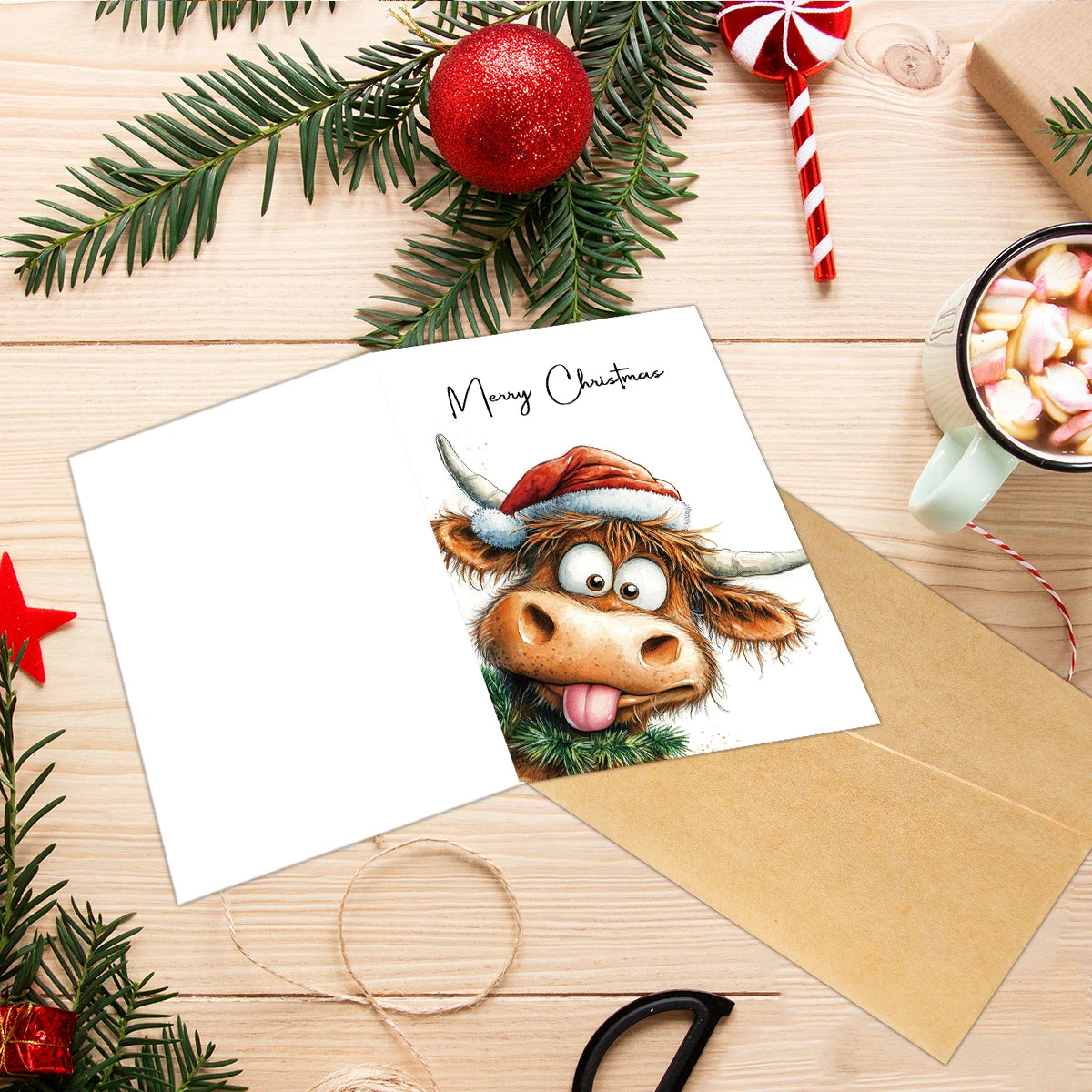 12pcs Christmas Adorable Highland Cow Greeting Cards With Envelope-For Xmas Card Exchanges,Family Gatherings,Office Parties Gift