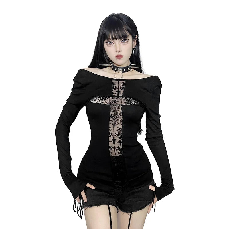 Gothic T-shirt for Women Sexy Hollow Out Mesh Cross Half Turtleneck Black Slim Soft Velvet Long Sleeve  Crop Tops