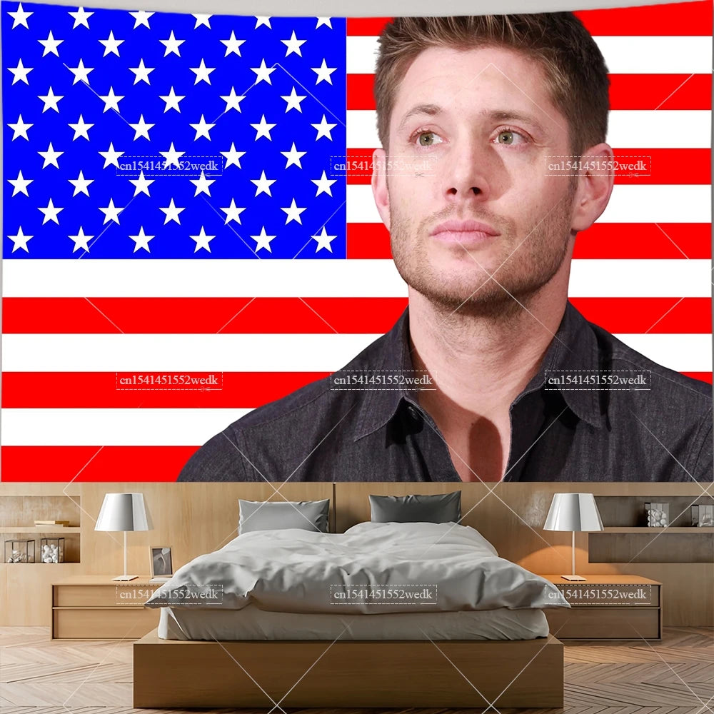 Jensen Ackles Tapestry American Flag Home Decor Wall Hanging Covering Bedroom Backdrops Outdoor Banners Decoration Gift for Fans