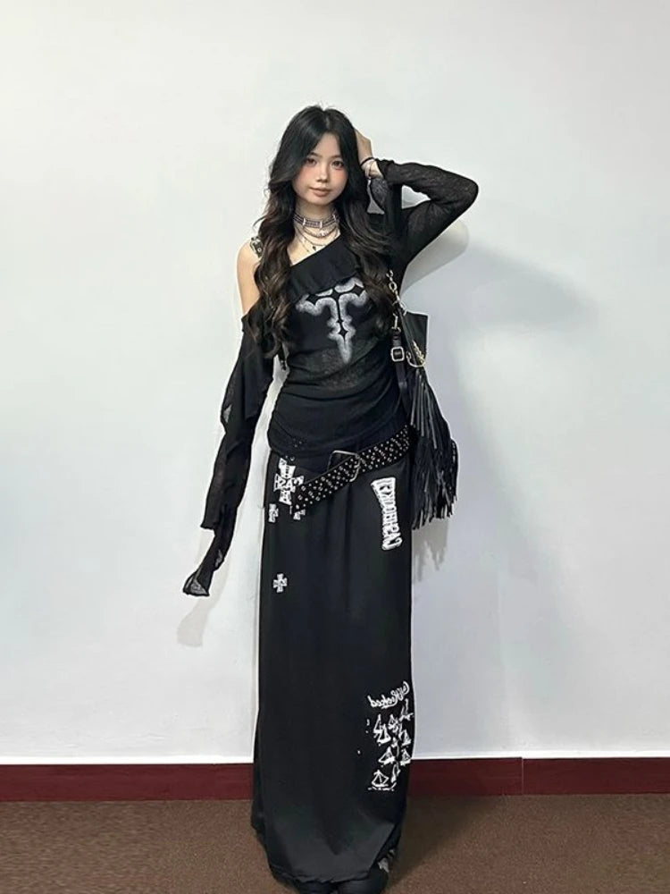 Deeptown Black Gothic Graphic T-Shirts Women Y2k Grunge Punk Off Shoulder Tees Sexy See Through Tops Vintage Flared Sleeve Tees