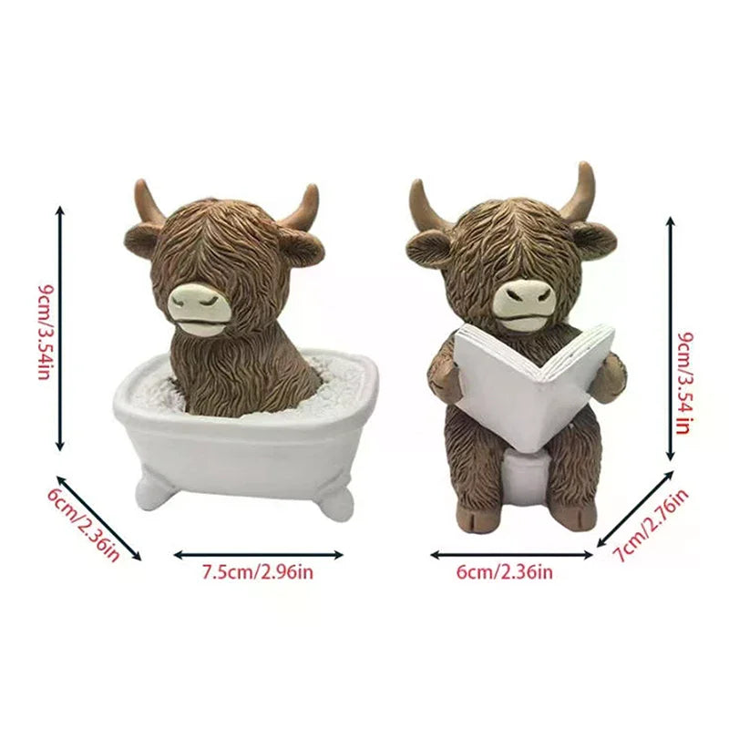 Cute Scottish Highland Cow Resin Figurines Funny Bathing & Reading Cow Statue Desk Decor For Home Bathroom Office Holiday Gift