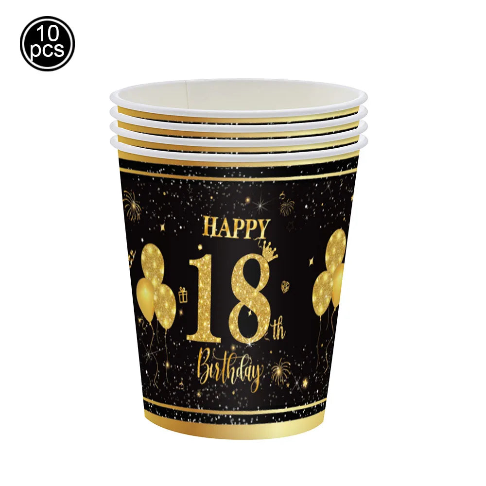 18th Birthday Decors for Boys Girls Black Gold Party Banner Balloon Tablecloth Plate Cup Napkin 18 Years Birthday Party Supplies