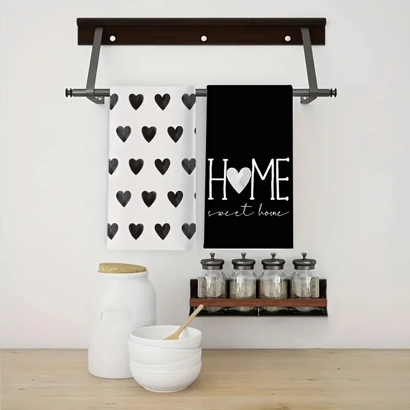 2-Pack Black Heart-Shaped Valentine's Day Kitchen Towels, Dish Towels, Hand Towels, Holiday Decorative Hand Towels, Soft Absorbent Drying Cloths, Kitchen Decoration, Table Decoration, Kitchen Supplies, Home Decoration