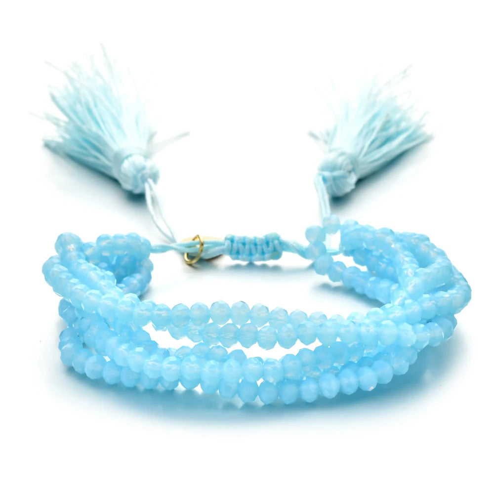 ZMZY Pink Boho Handmade Crystal Bead Bracelets Elastic Glass Beaded Layered Stacked Bracelet Tassel Jewelry Friends Gift
