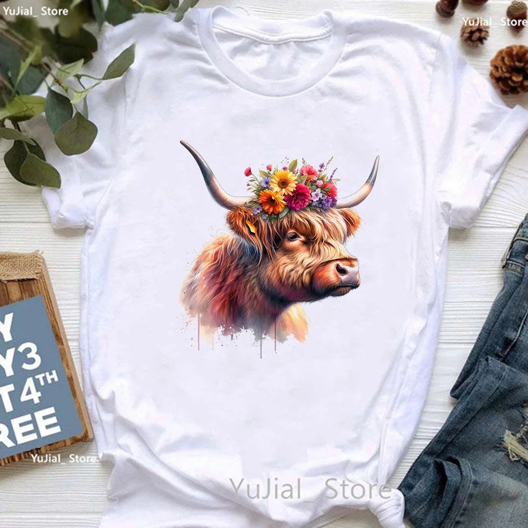 Highland Cow Floral Crown Animal Printed T Shirt Women Clothes 2024 Summer Fashion Tops Tee Shirt Femme Harajuku Shirt