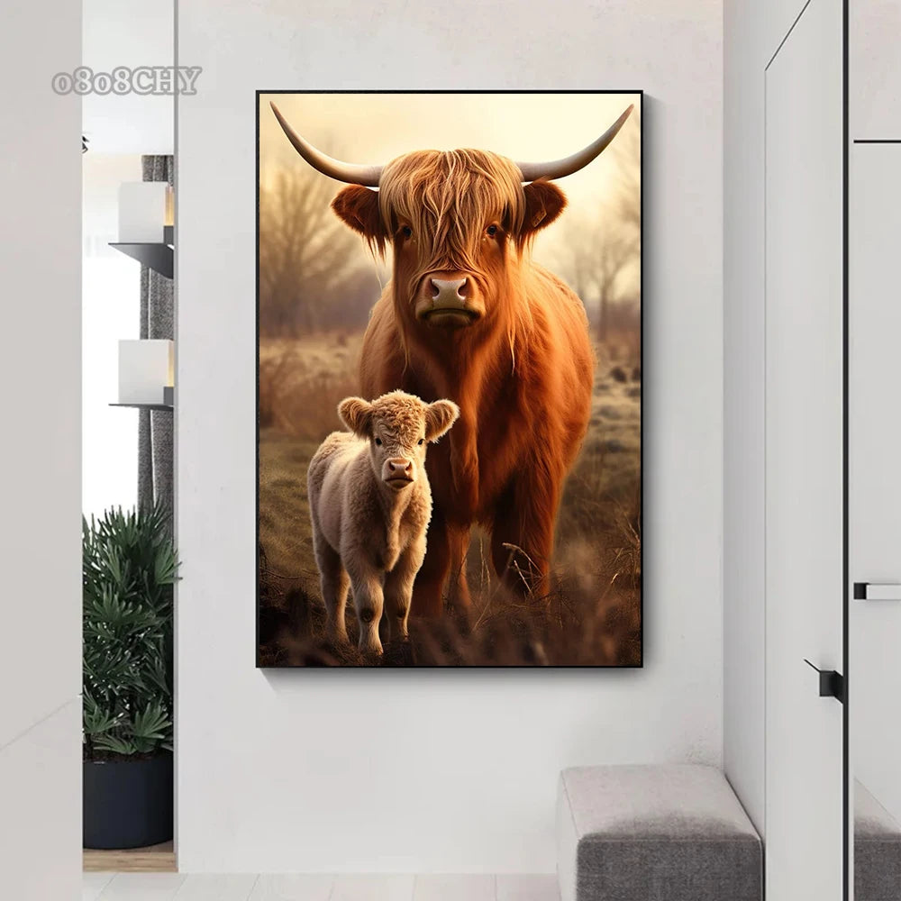 Cute Highland Cows Canvas Print Posters Nature Highland Cow Cattle Canvas Painting Wall Art Pictures for Living Room Home Decor
