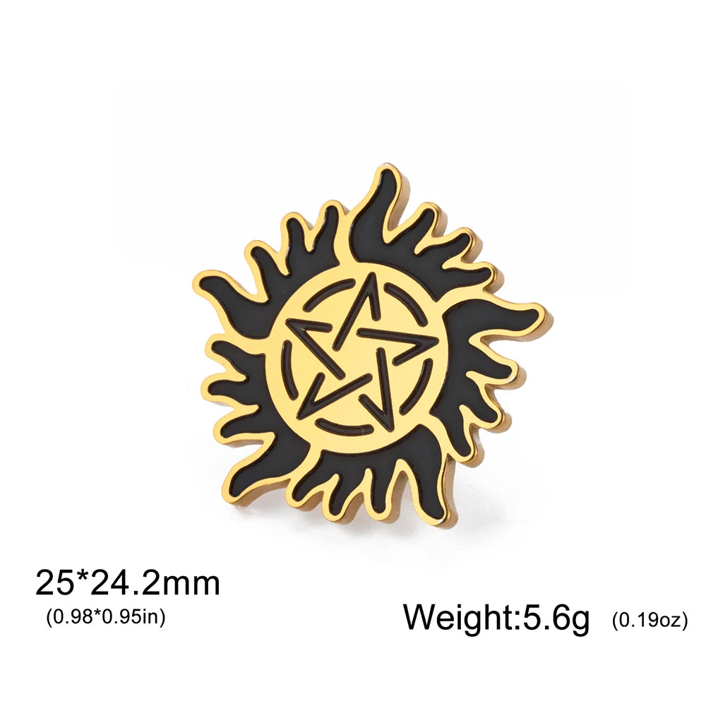 Dawapara Supernatural Anti Possession Symbol Brooch Pins Sunshine Pentagram Protection Amulet Stainless Steel Jewelry