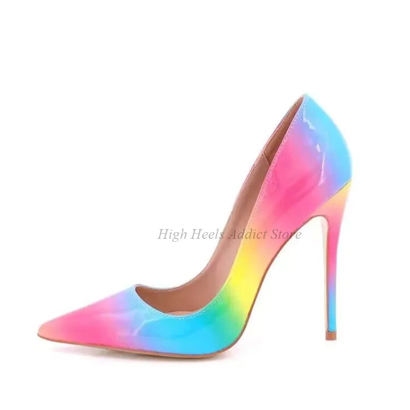 Rainbow Patent Leather Sexy High Heels Women's Summer Pointed Toe 12cm Shallow Big Size Pumps Luxury Designer Party Chic Shoes