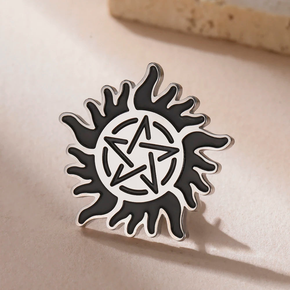 Dawapara Supernatural Anti Possession Symbol Brooch Pins Sunshine Pentagram Protection Amulet Stainless Steel Jewelry