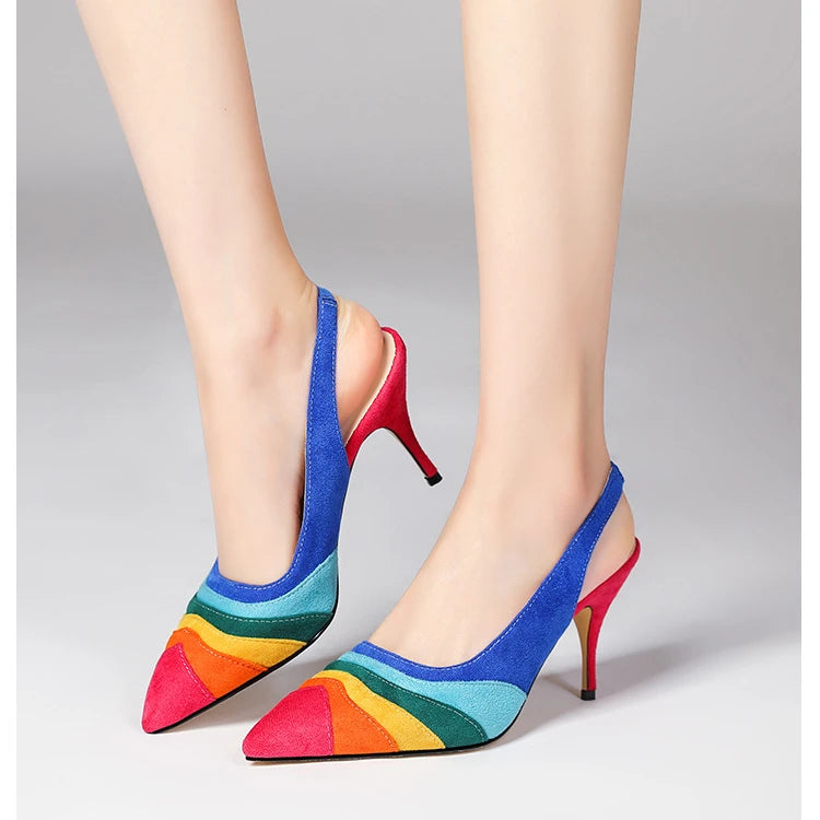 Summer New Rainbow Mixed Color 8cm High Heel Sandals  Women's French Pointed Shallow Mouth Runway Banquet Wedding Shoes size 43