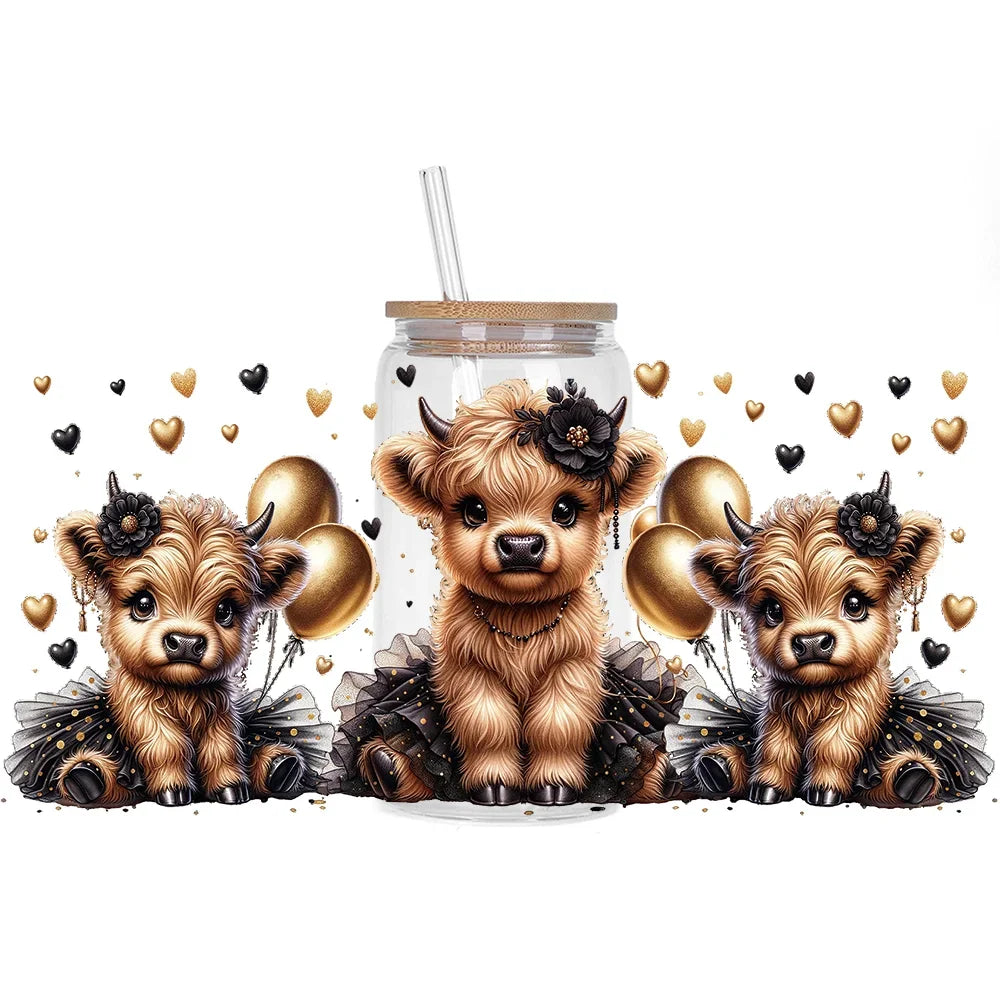 Highland Cattle Baby 16oz UV DTF Sticker Cup Personalize UV Wrap Label DIY Logo Self Adhesive Cow Design 3D Transfer Sticker