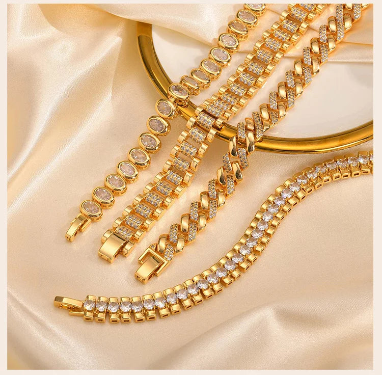 Tennis Bracelet, CZ Cubic Zirconia Rhinestone Chain Bracelet, Chunky Wide Hip Hop Jewelry