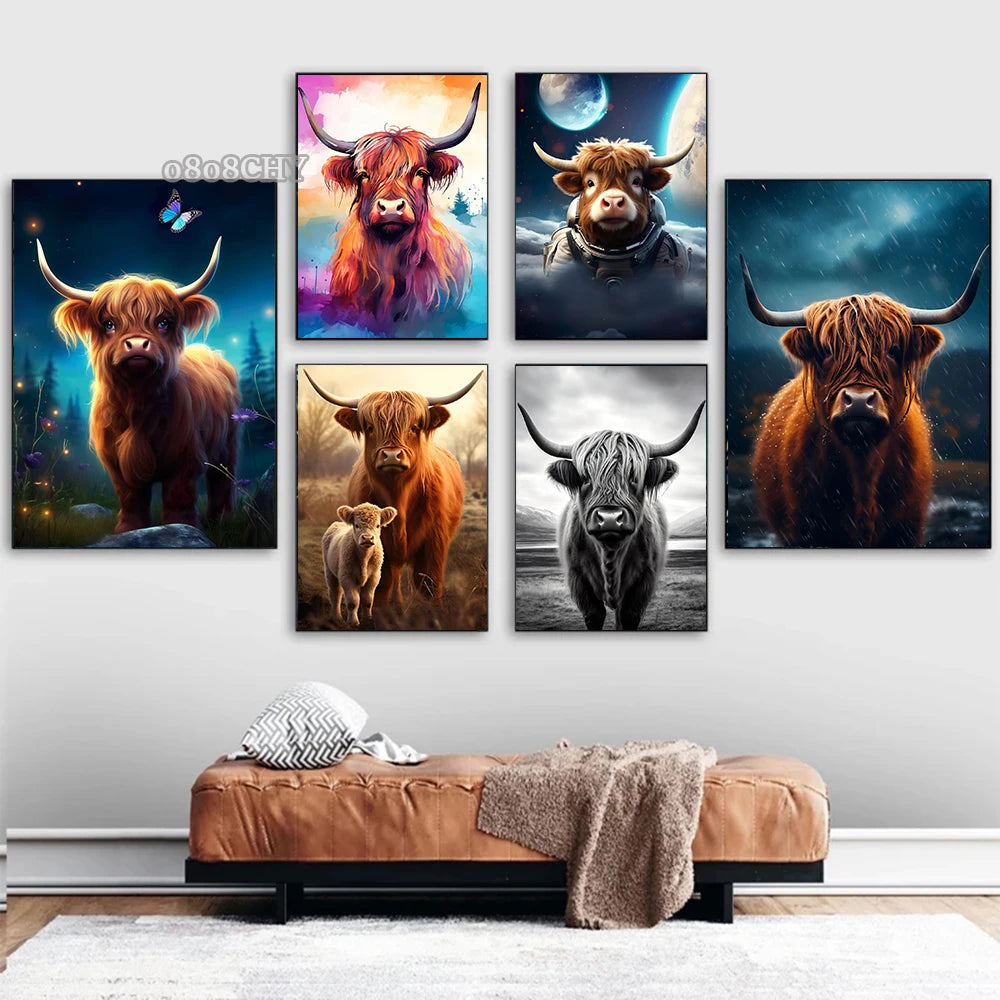 Cute Highland Cows Canvas Print Posters Nature Highland Cow Cattle Canvas Painting Wall Art Pictures for Living Room Home Decor