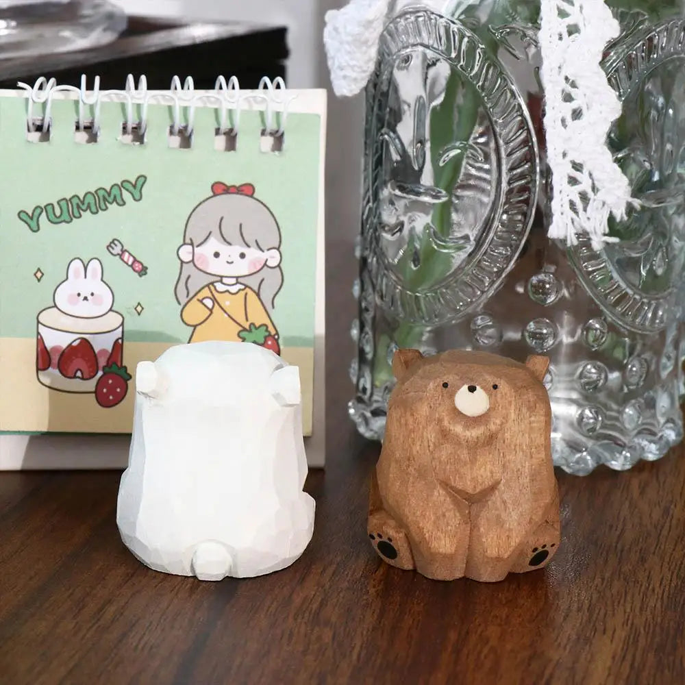 Animal Sculptures Solid Wood Wooden Bear Figurines Hand Carved Realistic Polar Bear Ornament Cute Funny Mini Bear Statue Car