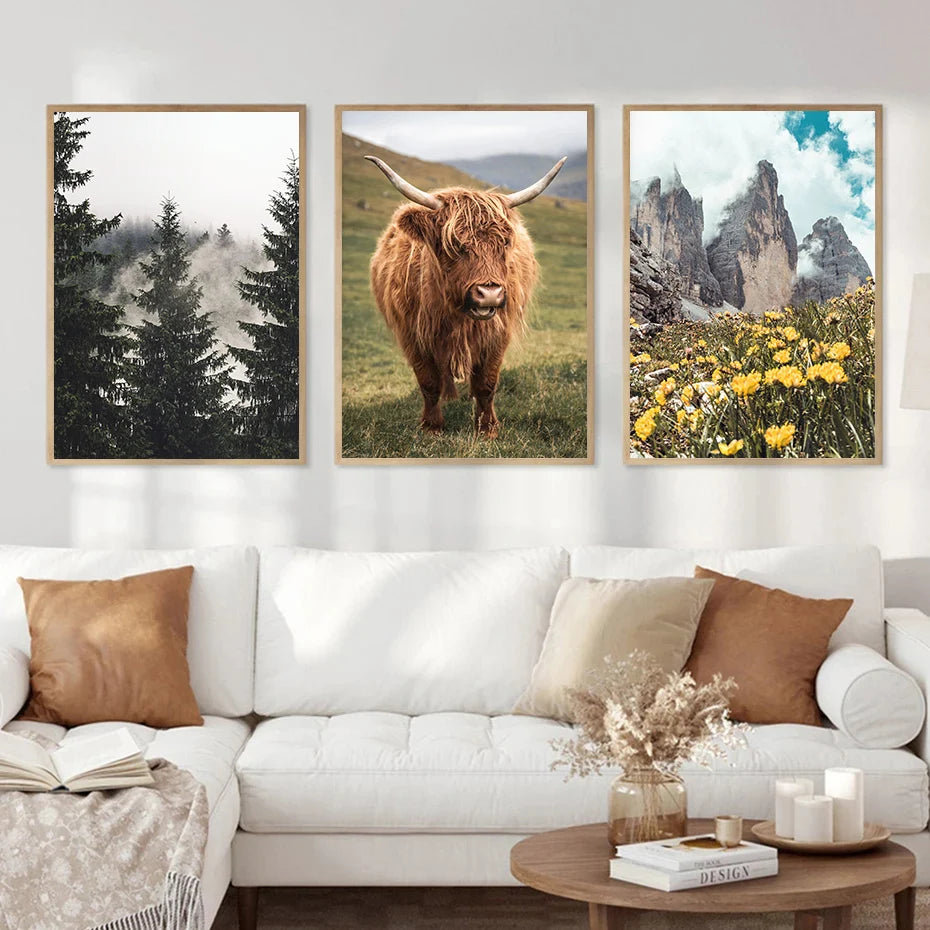 Nature Highland Cow Deer Wood Log Pile Horse Lake Photography Canvas Painting Print Landscape Poster for Living Room Home Decor