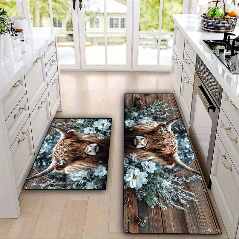 Highland Cows and Flowers Pattern Mat Non-Slip Kitchen Mat, Fashionable Home Decor for Living Rooms, Bedrooms, Hallway Entrances