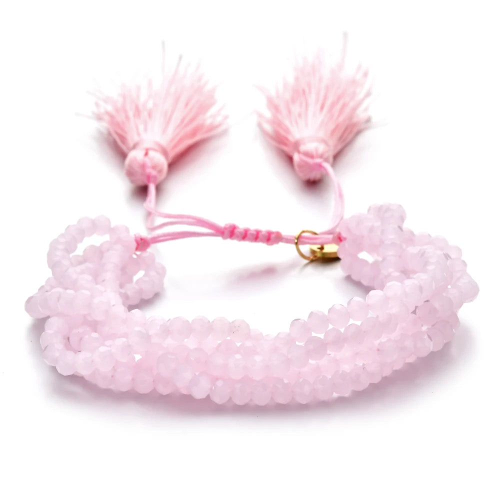 ZMZY Pink Boho Handmade Crystal Bead Bracelets Elastic Glass Beaded Layered Stacked Bracelet Tassel Jewelry Friends Gift