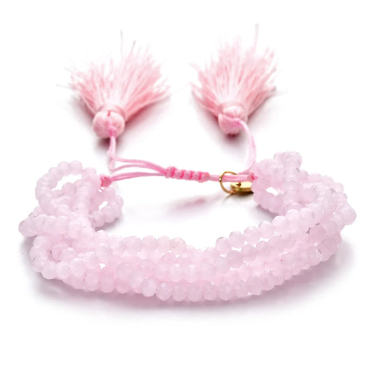 ZMZY Pink Boho Handmade Crystal Bead Bracelets Elastic Glass Beaded Layered Stacked Bracelet Tassel Jewelry Friends Gift