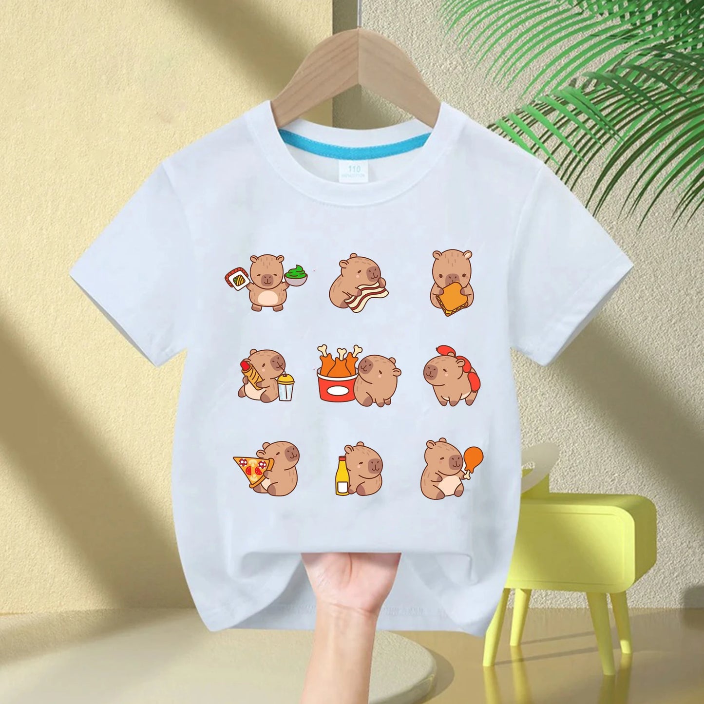 Cute Capybara Loves Bubble Tea print kids T-Shirt summer children's pure cotton short-sleeved casual tops boys and girls gifts