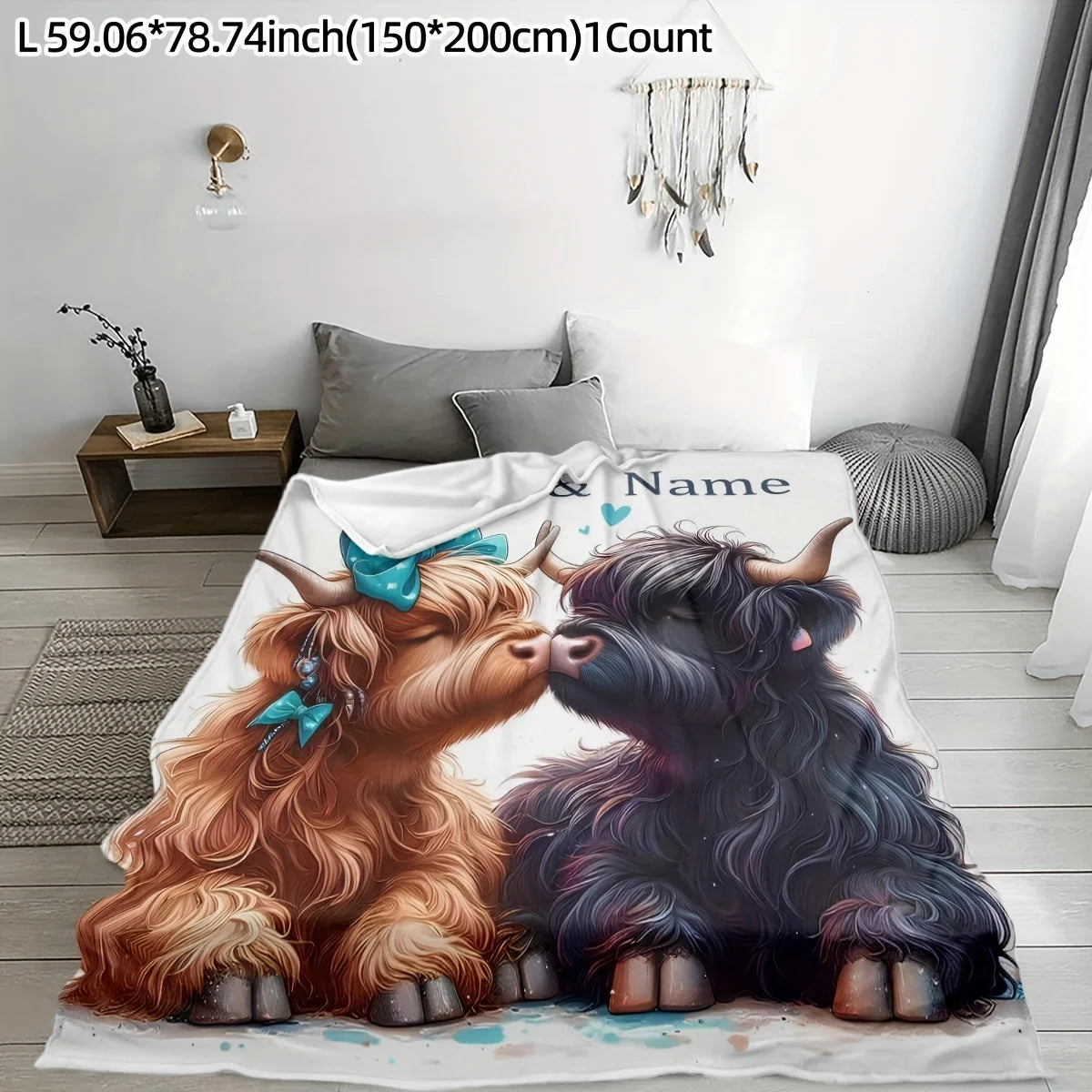 Customized name highland cow blanket personalized text, comfortable flannel blanket suitable for all seasons