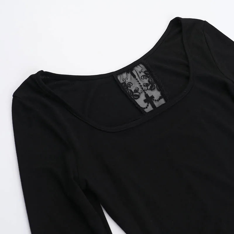 Gothic T-shirt for Women Sexy Hollow Out Mesh Cross Half Turtleneck Black Slim Soft Velvet Long Sleeve  Crop Tops