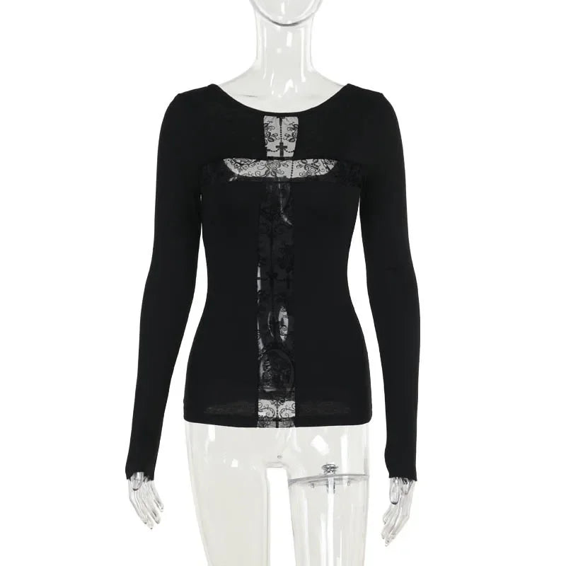 Gothic T-shirt for Women Sexy Hollow Out Mesh Cross Half Turtleneck Black Slim Soft Velvet Long Sleeve  Crop Tops