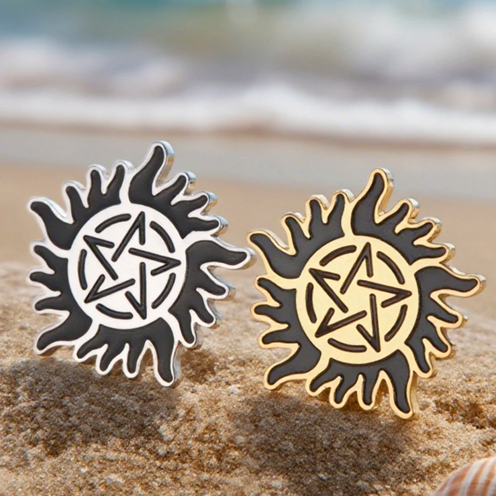 Dawapara Supernatural Anti Possession Symbol Brooch Pins Sunshine Pentagram Protection Amulet Stainless Steel Jewelry