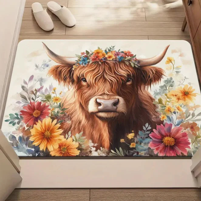 Enchanting Highland Cows Welcome Door Mats Rustic Wooden Board Flowers Entrance Bathroom Bedroom and Living Room Cow Decoration