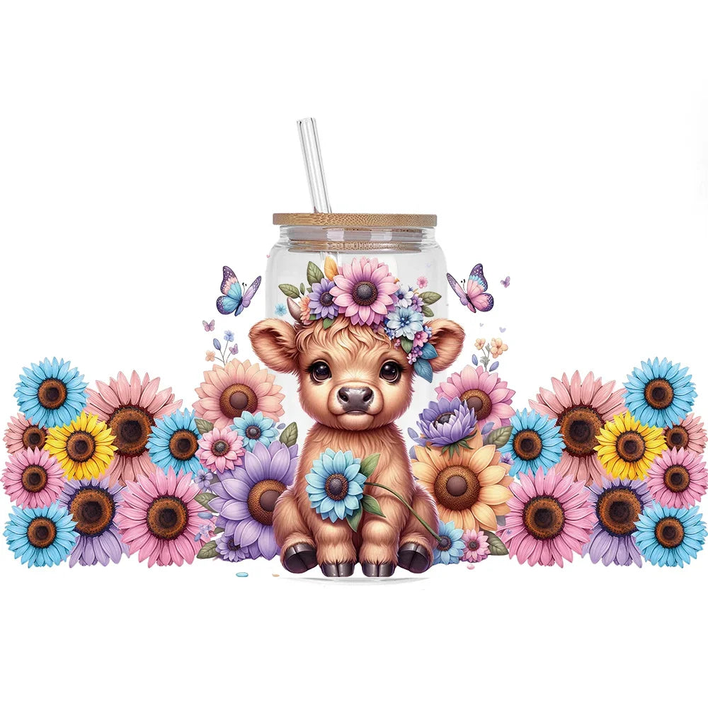 Highland Cattle Baby 16oz UV DTF Sticker Cup Personalize UV Wrap Label DIY Logo Self Adhesive Cow Design 3D Transfer Sticker