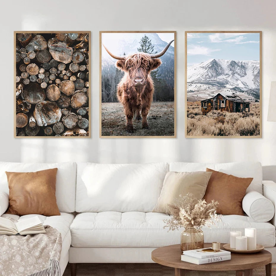Nature Highland Cow Deer Wood Log Pile Horse Lake Photography Canvas Painting Print Landscape Poster for Living Room Home Decor