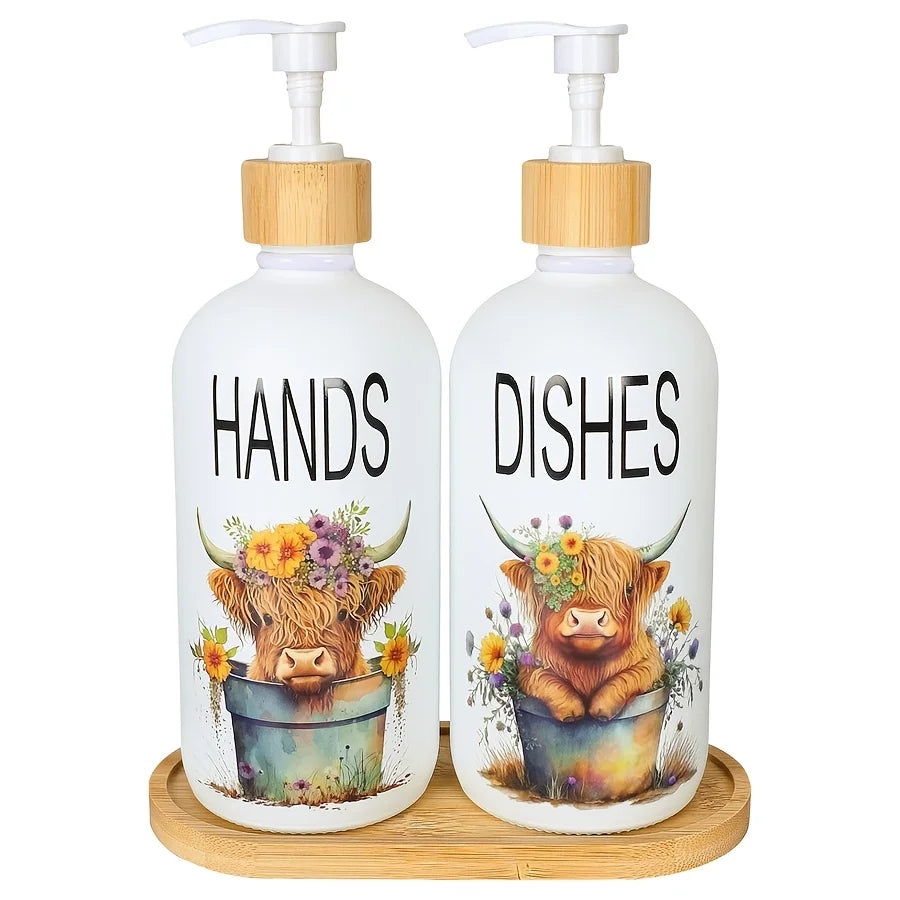 2Pcs Highland Cow Soap Dispenser withTray Farmhouse Cow Floral Plastic Dispenser with Pump Refillable Liquid Soap Container