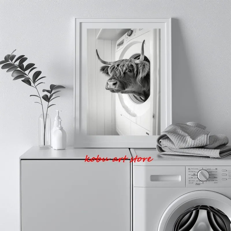 Bear Highland Cow Giraffe Animal in Washing Machine Poster Canvas Printing Wall Art Picture Fun Laundry Room Utility Room Decor