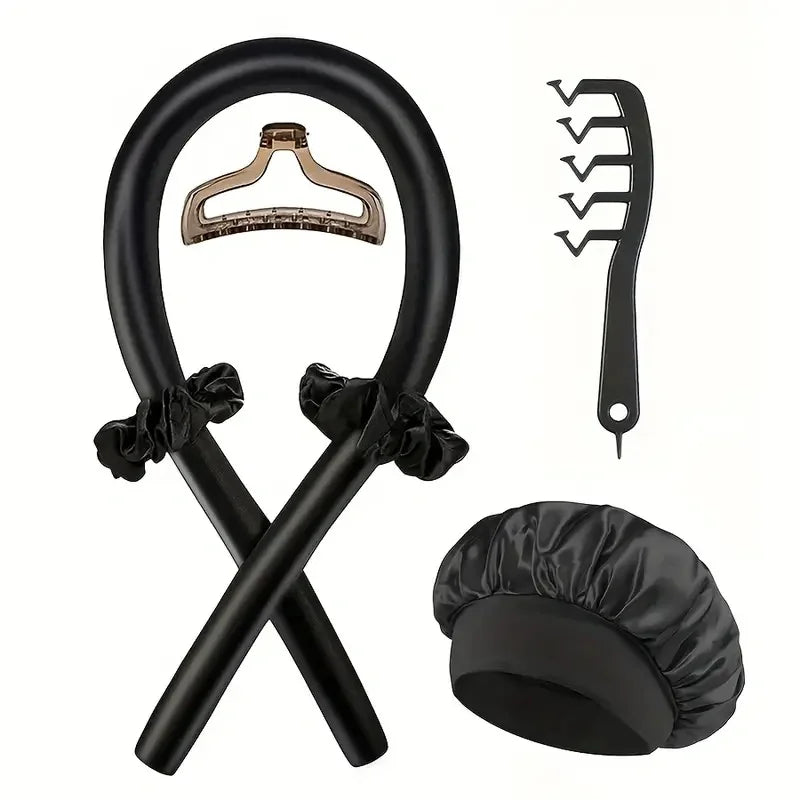 6Pcs Women No-Heat Curly Hair Stick Satin Sleep Cap Set Hair Clip and Ring Comb Sponge Hair Curler Suitable for All Hair Types