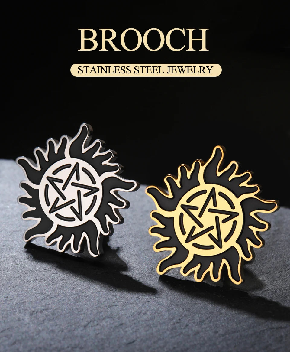 Dawapara Supernatural Anti Possession Symbol Brooch Pins Sunshine Pentagram Protection Amulet Stainless Steel Jewelry