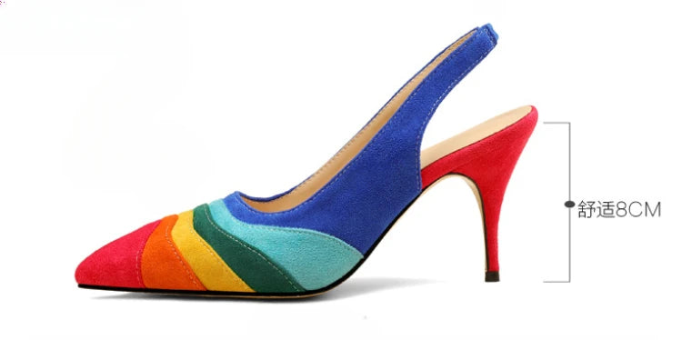 Summer New Rainbow Mixed Color 8cm High Heel Sandals  Women's French Pointed Shallow Mouth Runway Banquet Wedding Shoes size 43