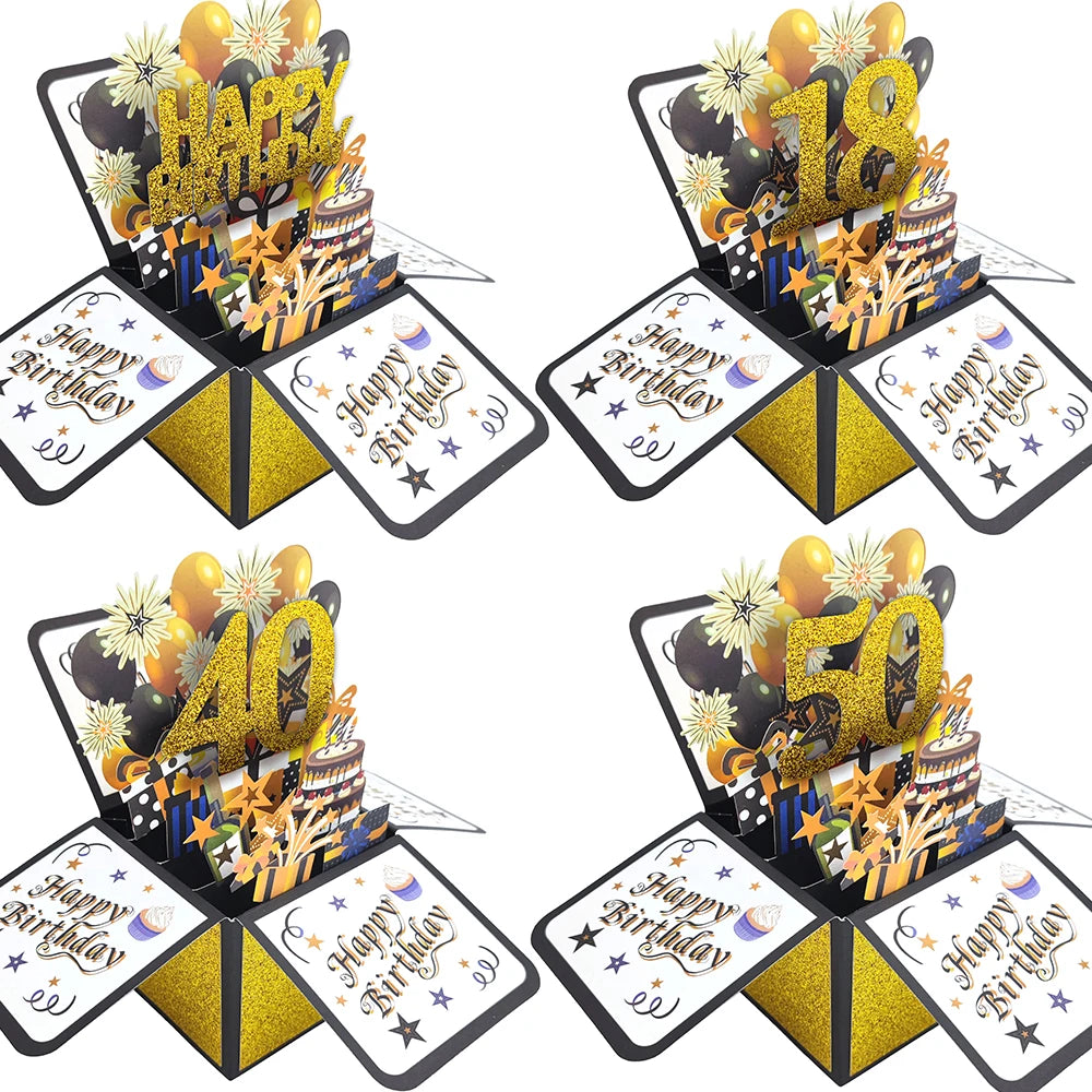 Black Golden Happy Birthday Pop Up Card 18th/30th/40th/50th/60th Birthday Card With Note Envelope Adult Birthday Gifts Greeting