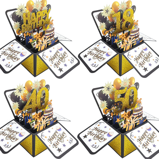 Black Golden Happy Birthday Pop Up Card 18th/30th/40th/50th/60th Birthday Card With Note Envelope Adult Birthday Gifts Greeting