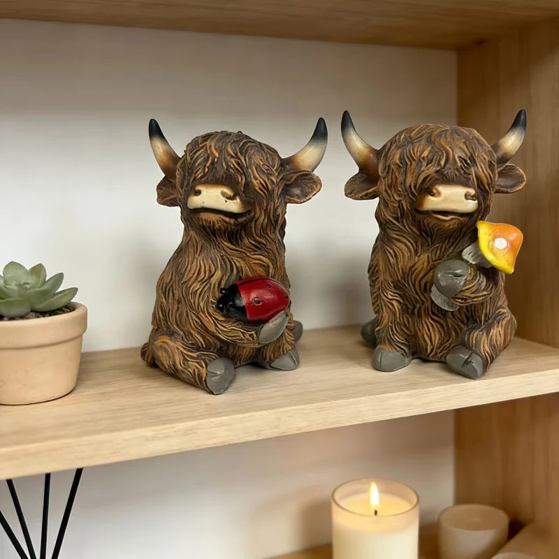 2Highland Cow Figurine Set，Cute Scottish Highland Cow Sculpture with Ladybug and Mushroom，Resin farm animal decorations
