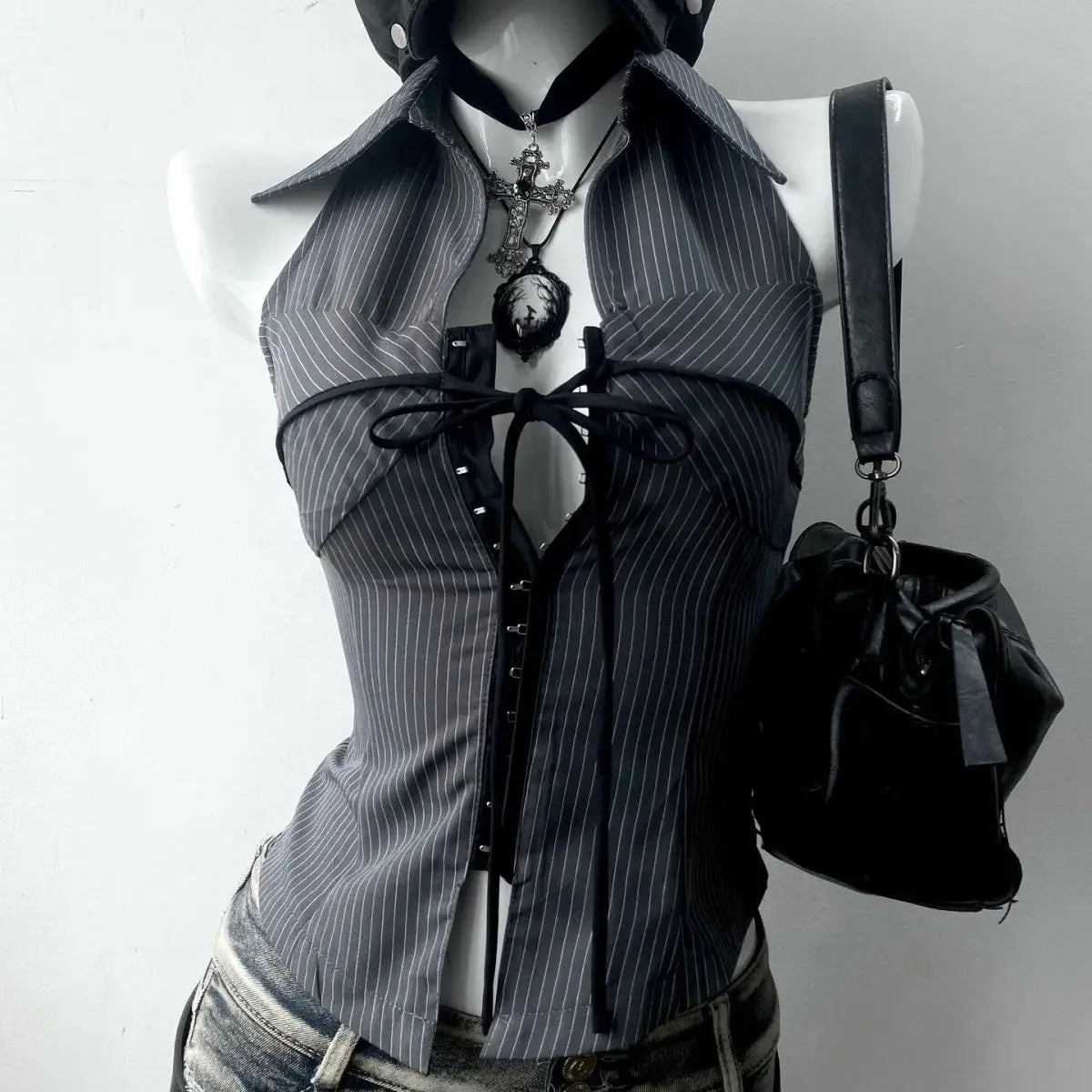 Women Vintage T-shirt Streetwear 90s Slim Sexy Goth Y2k Clothes Aesthetic Harajuku High Street Stripe Laceup Summer Grunge Tee