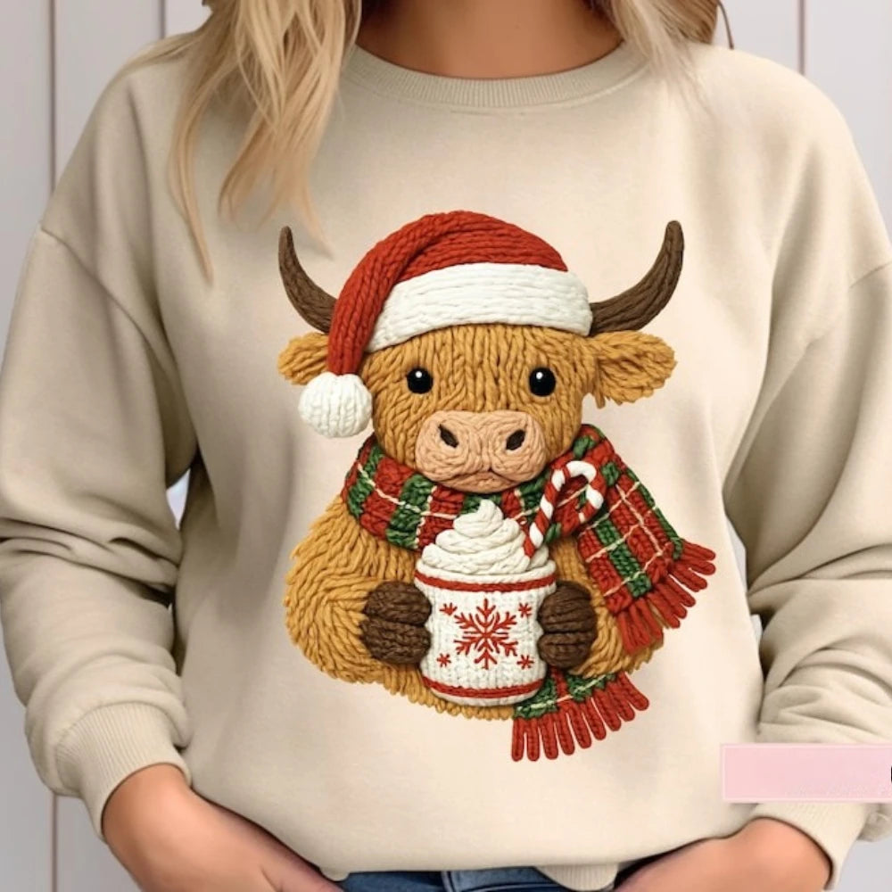 Highland Cow Christmas Faux Knit Printed Sweatshirt Cute Cow Holiday Pullover Casual Christmas Men Women Crewneck Streetwear