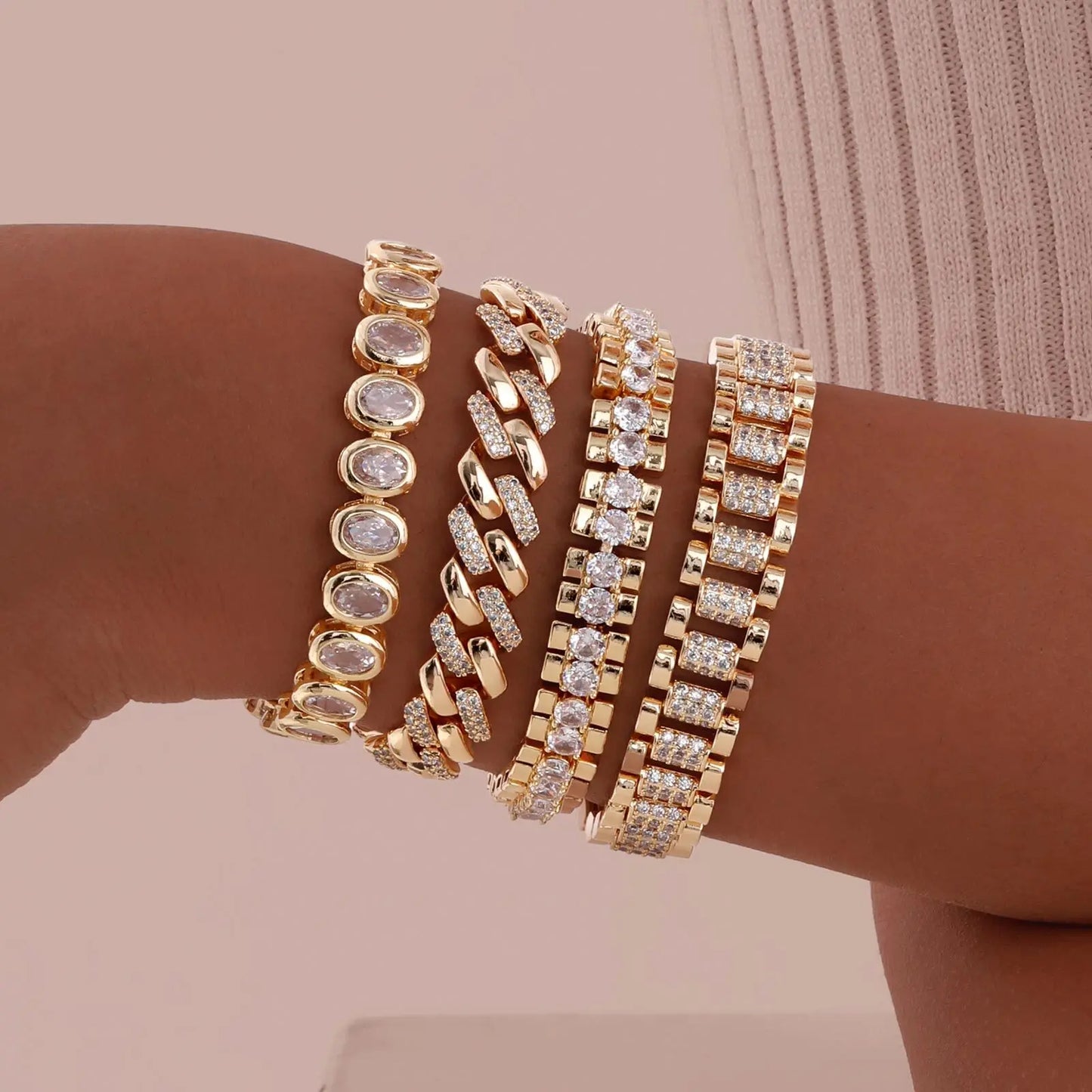 Tennis Bracelet, CZ Cubic Zirconia Rhinestone Chain Bracelet, Chunky Wide Hip Hop Jewelry