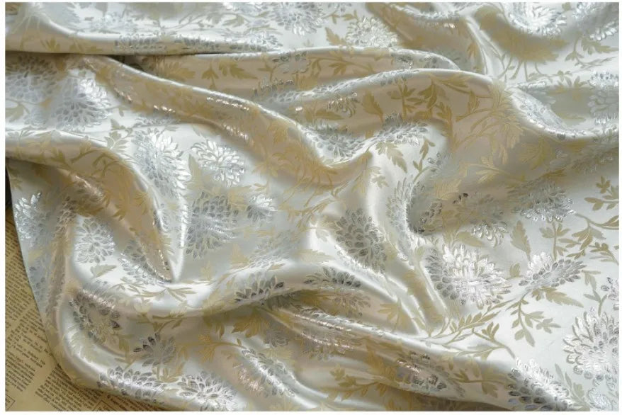 Luxury Style Silver Silk Elegant Yarn Dyed Jacquard Fabric Soft Drape Dress Bag Diy Sewing Fabric By Half Meter