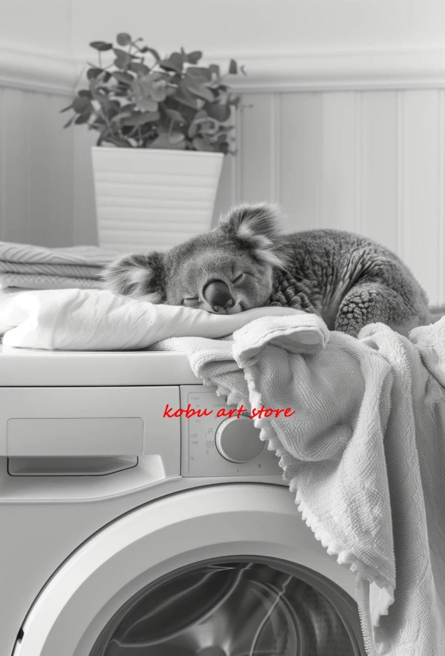 Bear Highland Cow Giraffe Animal in Washing Machine Poster Canvas Printing Wall Art Picture Fun Laundry Room Utility Room Decor