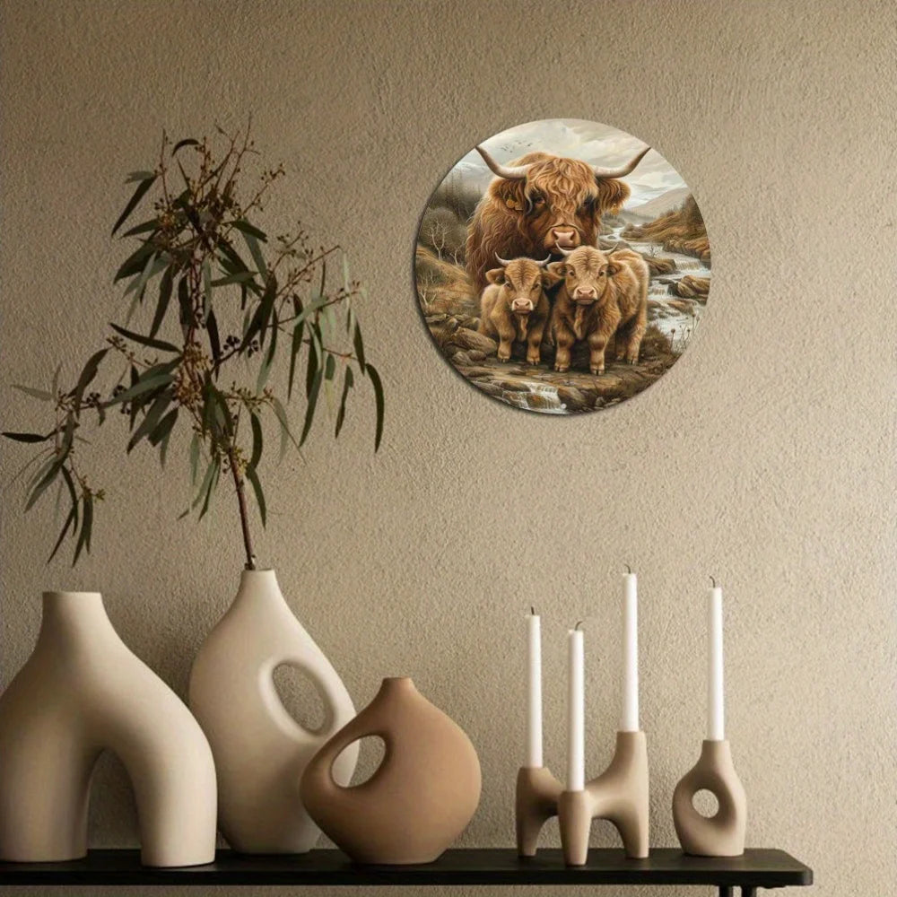 Highland Cow Family 2D Art Deco Wreath Sign, Round Metal Wall Decor, Ideal for Home, Apartment, Aluminum Artwork for Living Room
