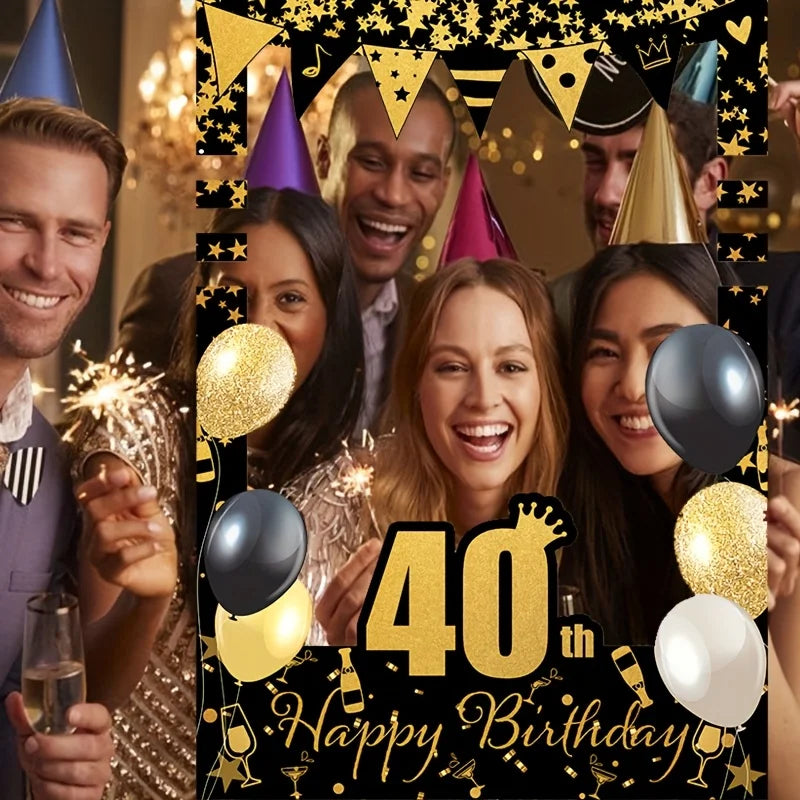 Black Gold Happy Birthday Photo Booth - 18, 21, 30, 40, 50, 60 years old. Party decoration supplies for people aged 70 and 80