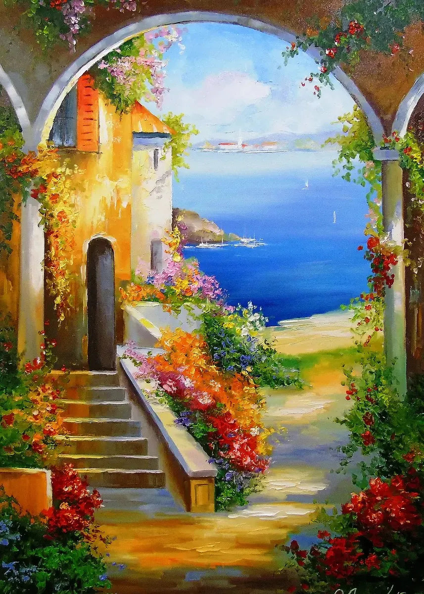 DIY Oil Painting By Numbers Kits Mediterranean Santorini Greece Village Paint with NumbersHome Decor, Wall Art Perfect Gift,