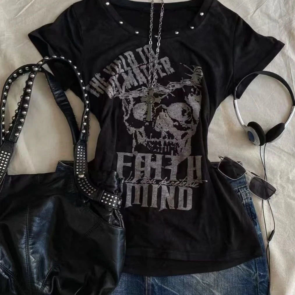 Gothic T-shirts Women Vintage Punk Y2k Crop Tops Punk Skull Black Hot Girl Tshirt Short Sleeve Fashion Street Tees Sxey Vintage