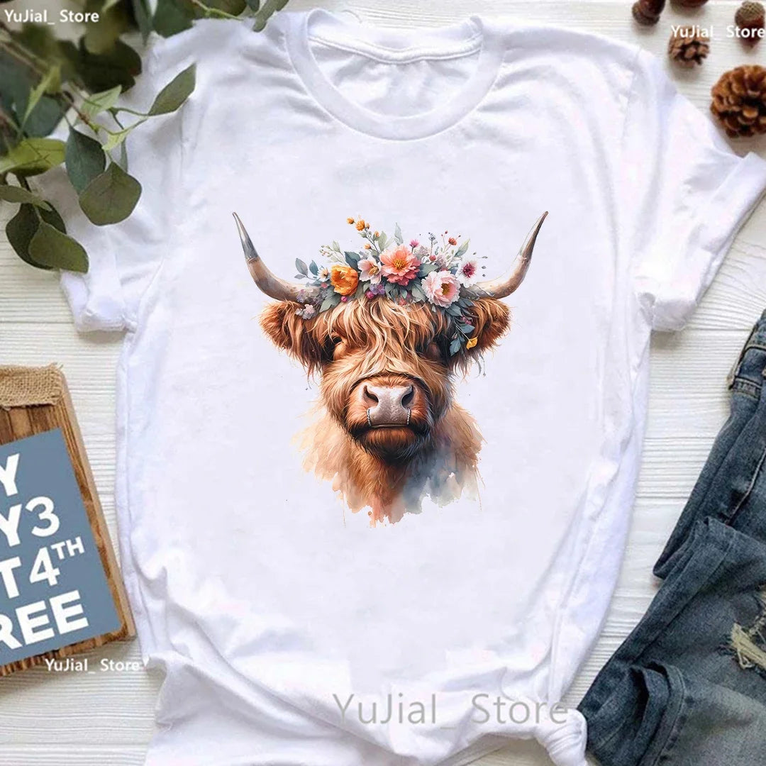 Highland Cow Floral Crown Animal Printed T Shirt Women Clothes 2024 Summer Fashion Tops Tee Shirt Femme Harajuku Shirt